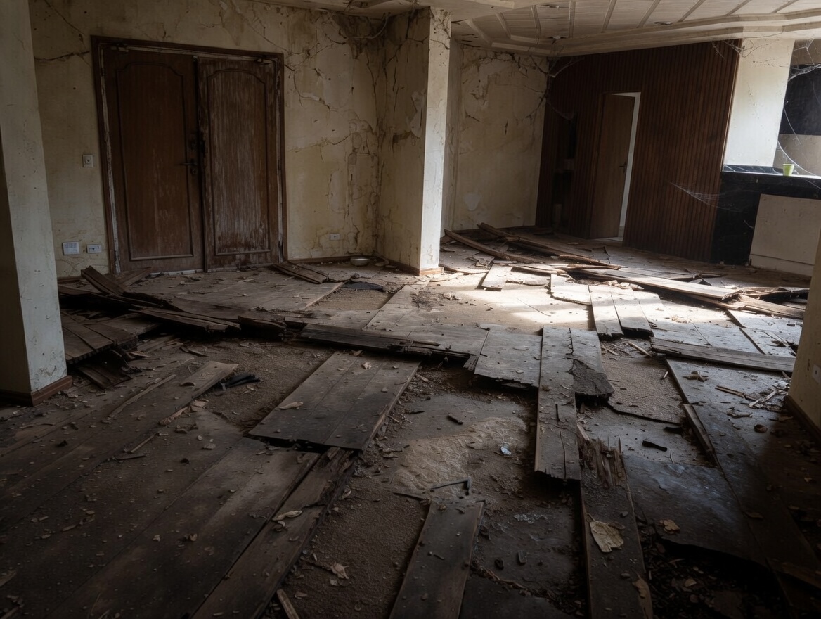Piso de madeira danificado e desgastado antes da restauração